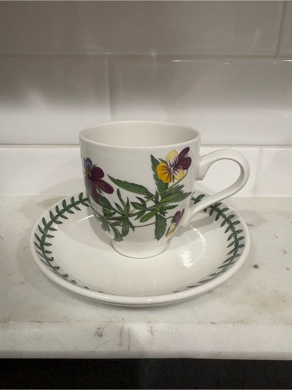Portmeirion Pansy Floral White Tea Cup and Saucer Set